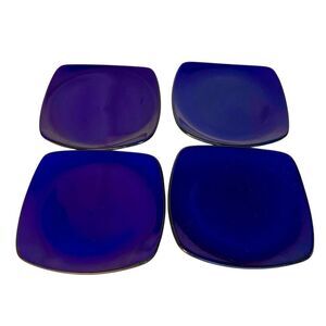 Set of 4 CORELLE HEARTHSTONE Stoneware Dinner Plates Cobalt Indigo Black Square